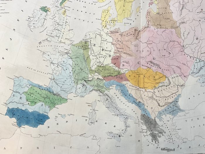 Europa, Kort - Frankrig, Spanien, England, Italien, Tyskland, Portugal, Østrig, Polen; Gustaf Kombst - Ethnographic map of Europe / Carte ethnographique de l'Europe - 1851-1860