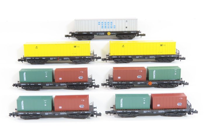 Arnold N - o.a. 2954/4953 - Wagon de marchandises pour trains miniatures (7) - 7x porte-conteneurs à 4 essieux avec chargement et empreinte, entre autres, "HAPAG LLOYD" et "TFG" - DB
