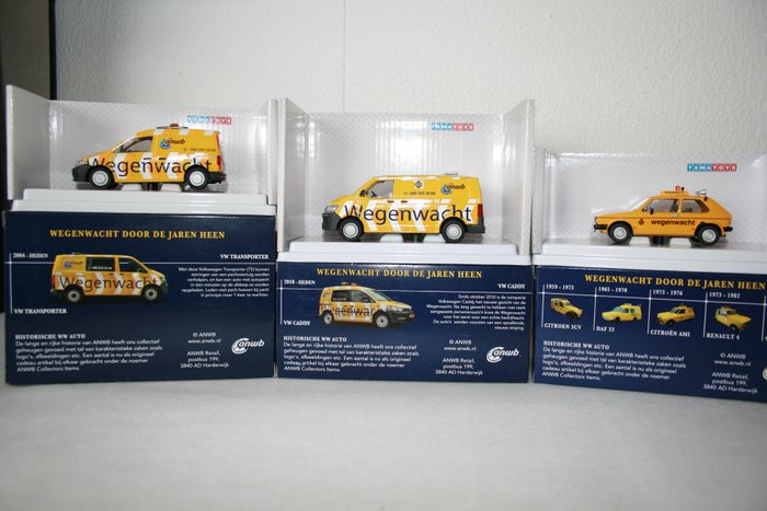 Tema Toys 1:43 - 3 - Pienoismalliauto - ANWB Wegenwacht VW Transporter, VW Caddy en de VW Golf