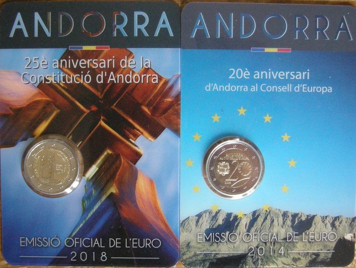Andorra. 2 Euro 2014/2018 (2 verschillende)  (Senza Prezzo di Riserva)