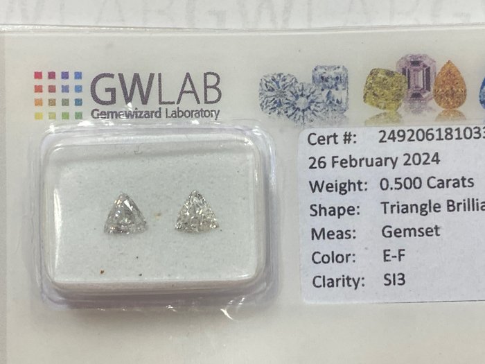 2 pcs 钻石 - 0.50 ct - 三角形 - E-F - SI2 微内三含级, NO RESERVE PRICE