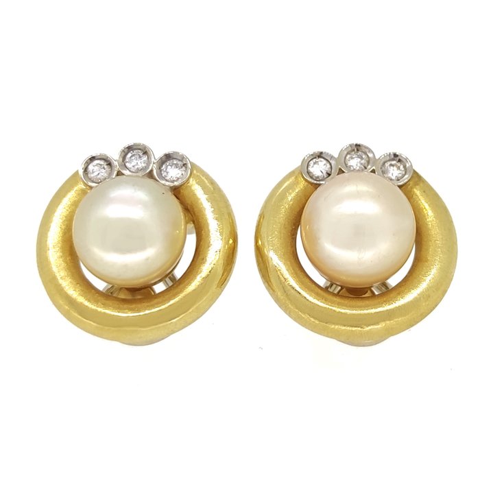 耳環 白金, 黃金 鉆石  (天然) - 珍珠 