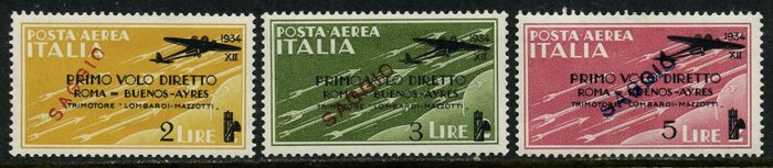 Italia Regno 1934 - Primo volo Roma/Buenos Aires, 3 valori con soprastampa "SAGGIO"