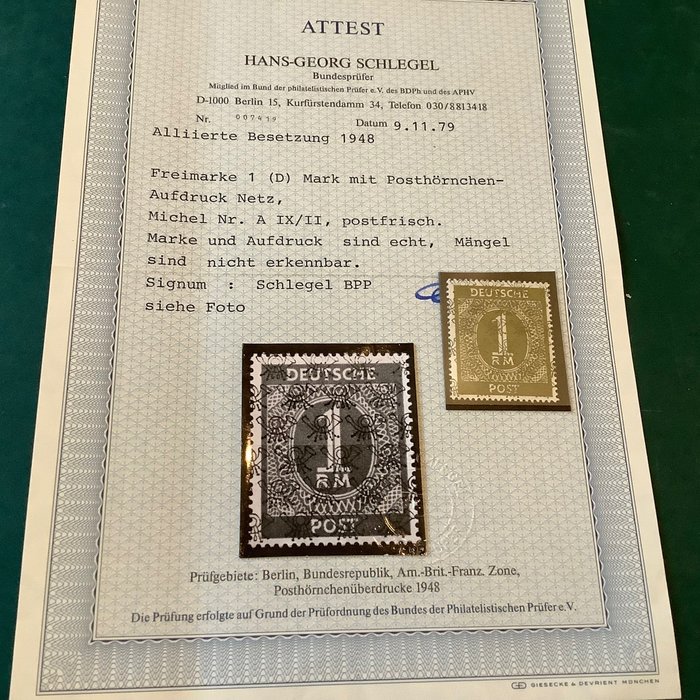 同盟国军事占领德国(英美区域） 1948 - 1 个带有网络打印和照片证书的标志 Schlegel BPP - Michel AIX/II