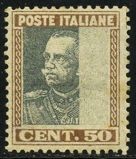 Kungariket Italien 1927 - Vittorio Emanuele III, Parmeggiani typ, 50 cent med ofullständigt mitttryck. Certifikat - Sassone 218db