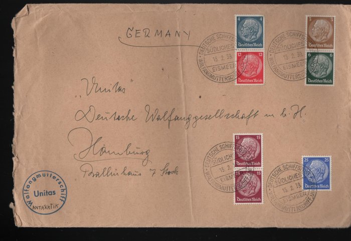 Poststempel - Tysk skibspost Southern Atlantic hvalfangst moderskib "Unitas" fire kvitteringer - Tyske Kejserrige