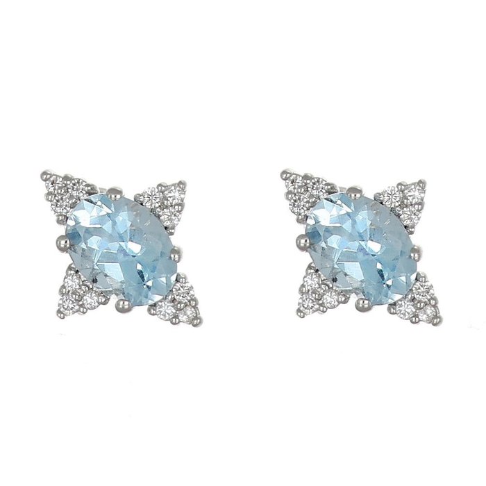 耳环 白金 钻石  (天然) - 海蓝宝石 