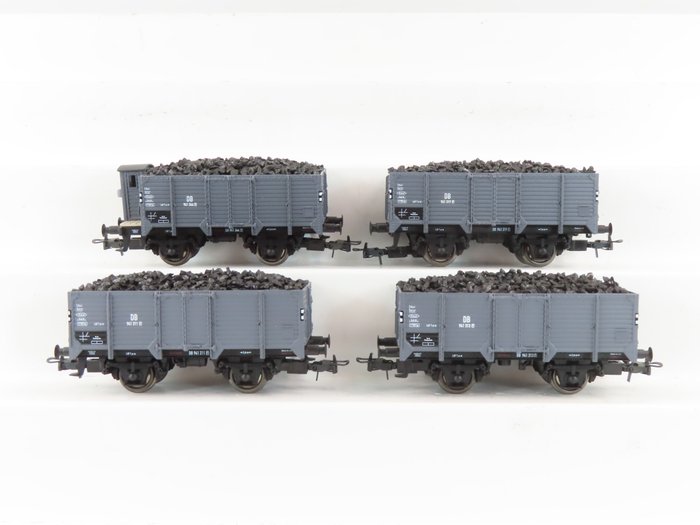Electrotren H0 - 211179 - Modellbahn-Güterwagen (1) - 4 zweiachsige offene Kastenwagen, beladen mit Kohle - DB