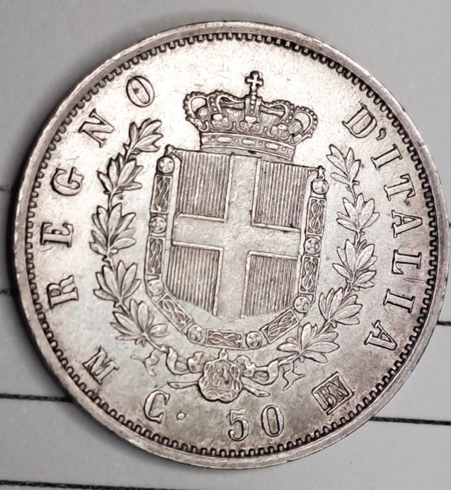 意大利， 意大利王国. 维托里奥·伊曼纽尔二世·迪·萨沃亚 （1861-1878）. 50 Centesimi 1863 - Milano