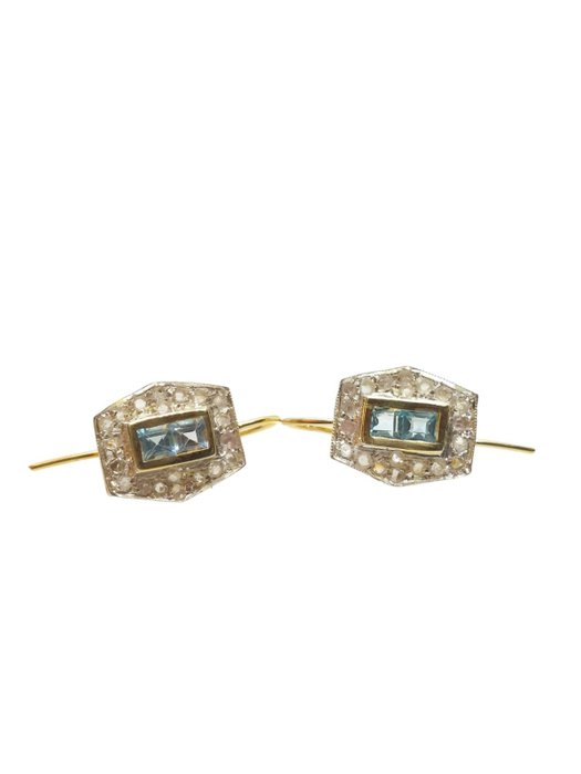 No Reserve Price Earrings - Silver, Yellow gold  0.20ct. Aquamarine - Diamond 
