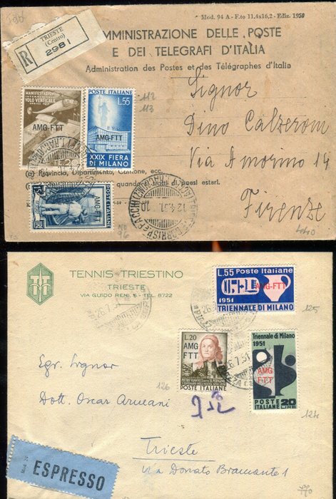 的里雅斯特A 1951 - 一封掛號信和一封帶有紀念意義的特快專遞信。 - Sassone 96+112+113 - 124+125+126