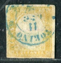 Antikke Italienske Stater - Sardinien 1858/1859 - 80 cents 4. nummer citrongul oliven. - Sassone 17Ab