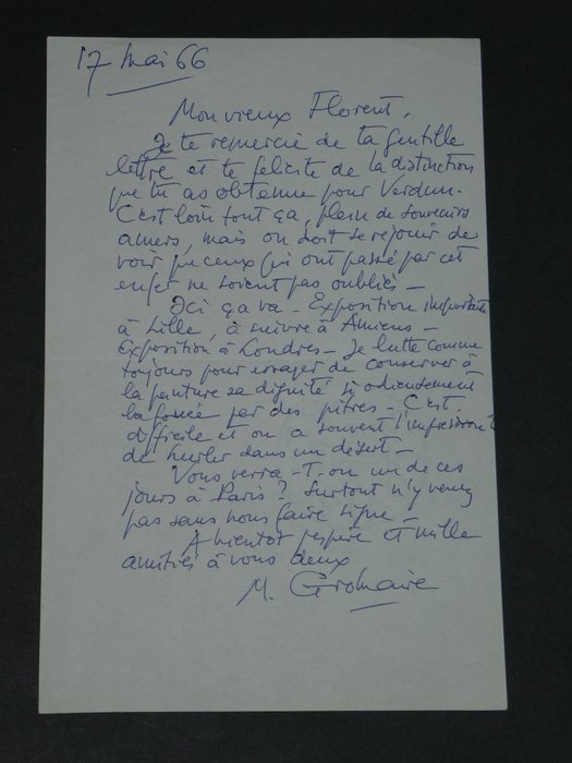 Marcel Gromaire - Double lettre autographe signée par les deux époux et adressée à un certain Florent - 1966