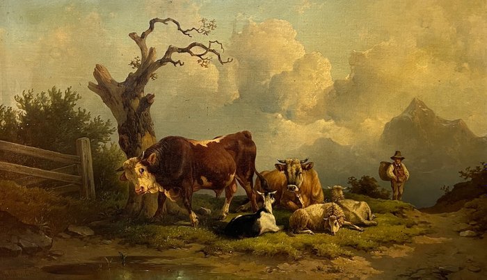 Edmund Mahlknecht (1820-1903) - Vache et taureau au champ