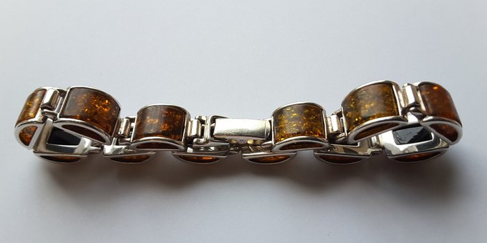 Sem preço de reserva Pulseira de elos metálicos - Vintage, pulseira de elos (Painéis) prata 925 e âmbar báltico fóssil IMPRESSIONANTE AUTÊNTICO - Anos Âmbar 