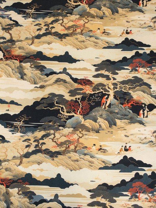 VOYAGE ASIATIQUE DANS LE CIEL D'HOKUSAI - Tissu exclusif en lin mélangé - 450 x 140 cm - Textile