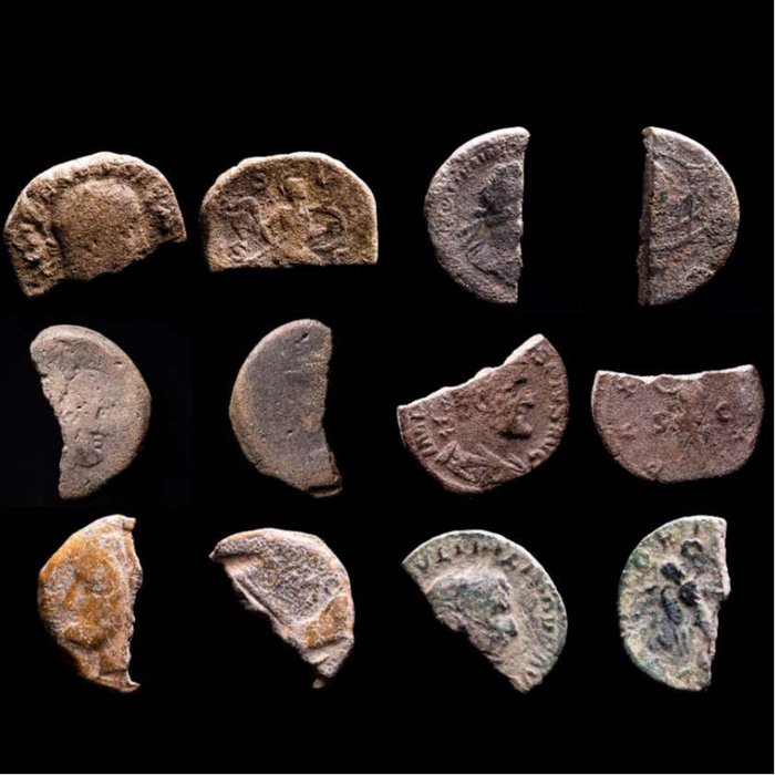 République romaine et Empire. Lot comprising six (6) bronze coins. 6 x Semis and Ases, used as dividers.  Pompey Magnus, Anonymous, Trajan, Maximinus Thrax, Philip I,