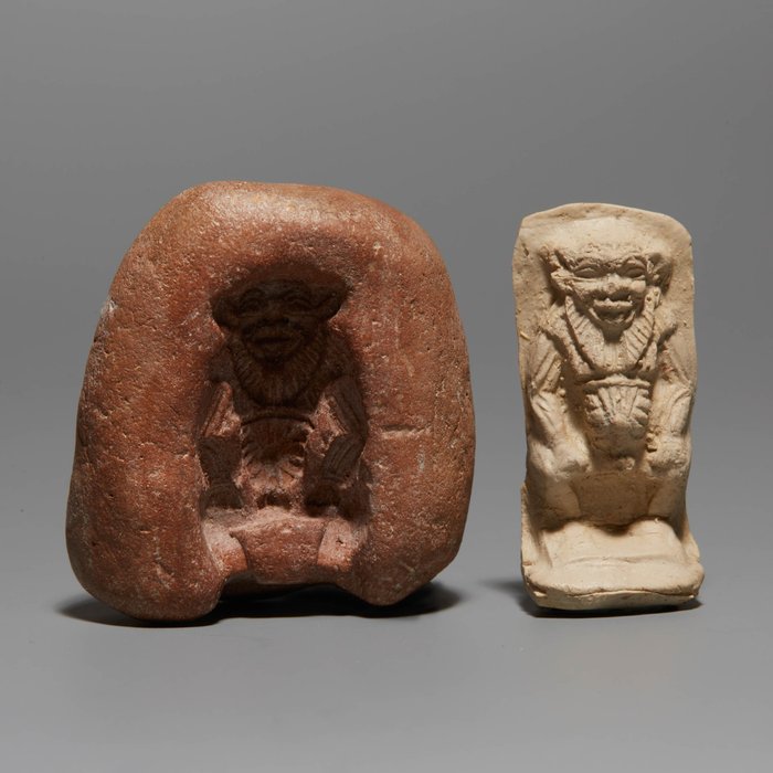 Oldtidens Egypten Terrakotta Store fineMould amulet af God Bes. Nyt Rige 1550-1070 f.Kr. 4 cm H. Spansk importlicens.