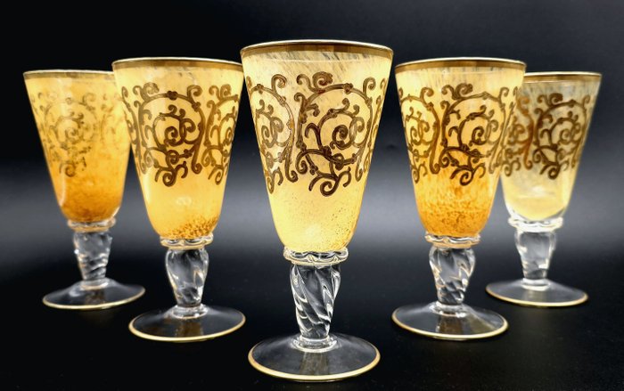 Antica cristalleria italiana - 饮料用具 (5) - 黄色/琥珀色和纯金的豪华高脚杯 - .999 (24k)黄金, 水晶
