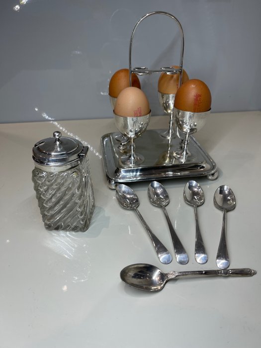 W&GS / Epens Antique English Egg Cruet, Lovely Cruet for Four - Serviço de jantar (11) - Banhado a prata, Cristal