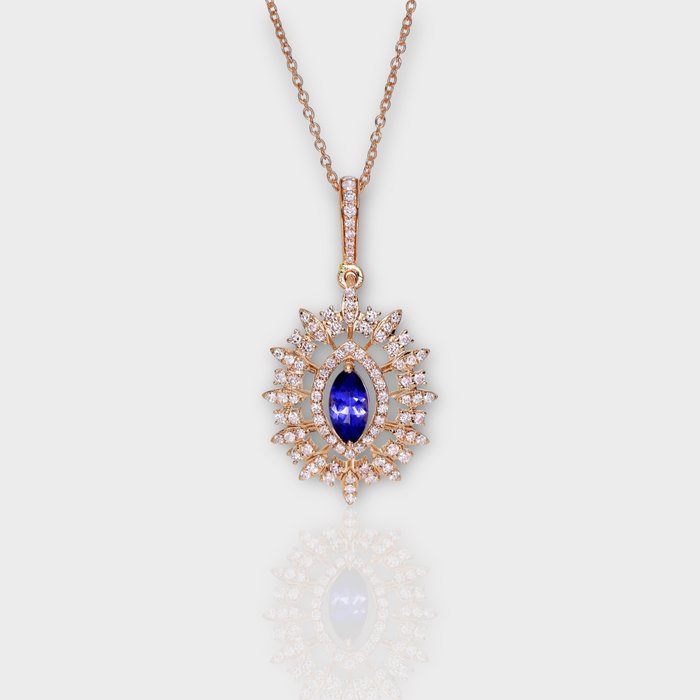 没有保留价 - IGI 0.64 ct Natural Intense Blue Tanzanite with 0.69 ct Natural Pink Diamonds - 项链 - 14K包金 玫瑰金 坦桑石 