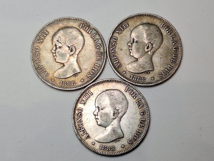 Spagna. Alfonso XIII (1886-1931). 5 Pesetas 1888 (3 monedas)