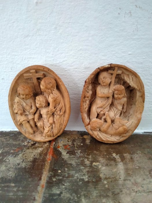 雕刻, Dos bajo relieves religiosos tallados en espuma de mar. - 6.4 cm - 海泡石（海泡石）