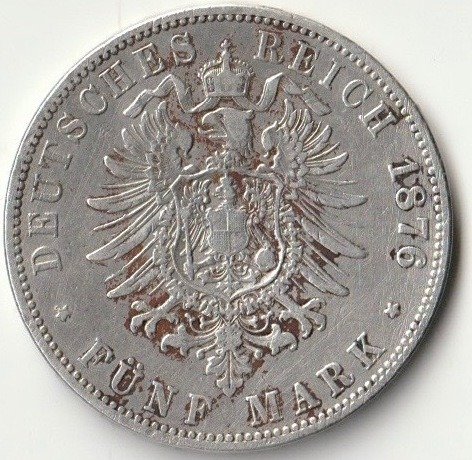 德國，漢堡, 德意志帝國. 5 Mark 1876 J