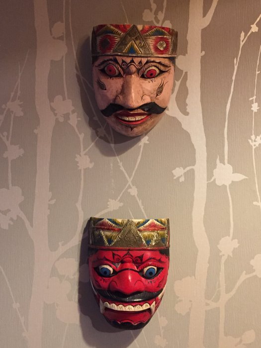 Maschera da ballo - 2 maschere wayang topeng in legno giavanese-Indonesia-ornamento da parete - Indonesia