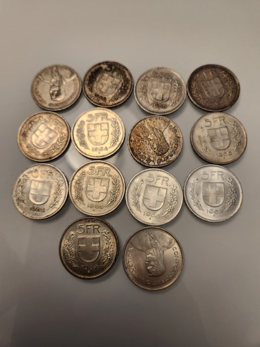 Schweiz. A lot of 14x silver 5 Franc coins 1932-1969
