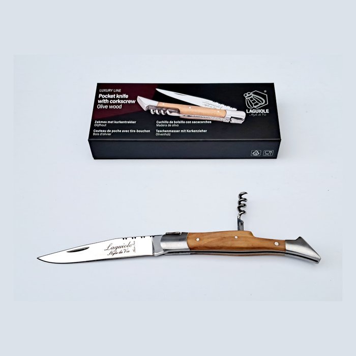 Laguiole - Pocket Knife with Corkscrew - Olive Wood - style de - Korkskruv - Stål (rostfritt stål), Trä (oliv)
