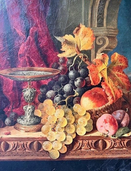 British school (XIX) - Still life with grapes, peaches and a silver Renascentist stand