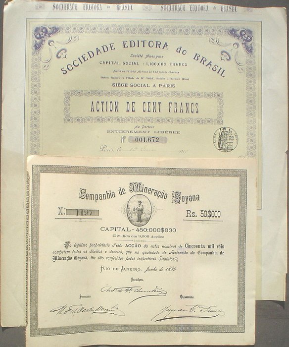 Kolekcja akcji lub obligacji - Companhia de Mineracao Goyana 1885 + Sociedade Editora do Brasil 1911