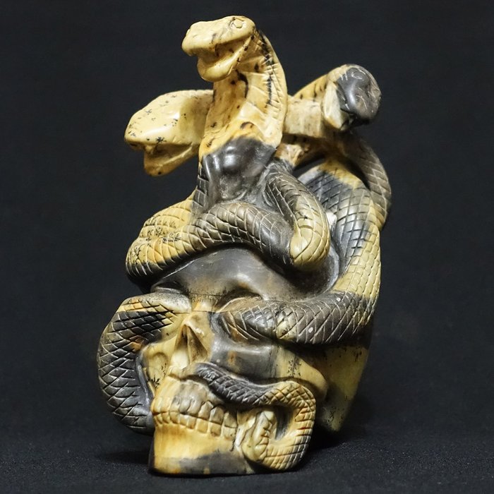 Escultura de Serpientes sobre Calavera, Tallada a Mano en "Grass Flower Stone" - Serie Superrealista - Altura: 175 mm - Ancho: 120 mm- 1652 g