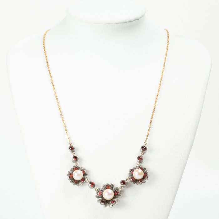 Halskette Gelbgold Perle - Granat