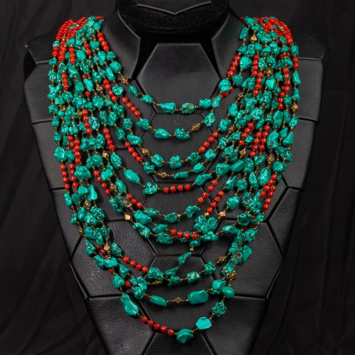 Colar tibetano incrível Corpo inteiro embalsamado - Himalayan Necklace Red Coral Turquoise Silver and Brass - 45 cm - 5 cm - 5 cm - 1