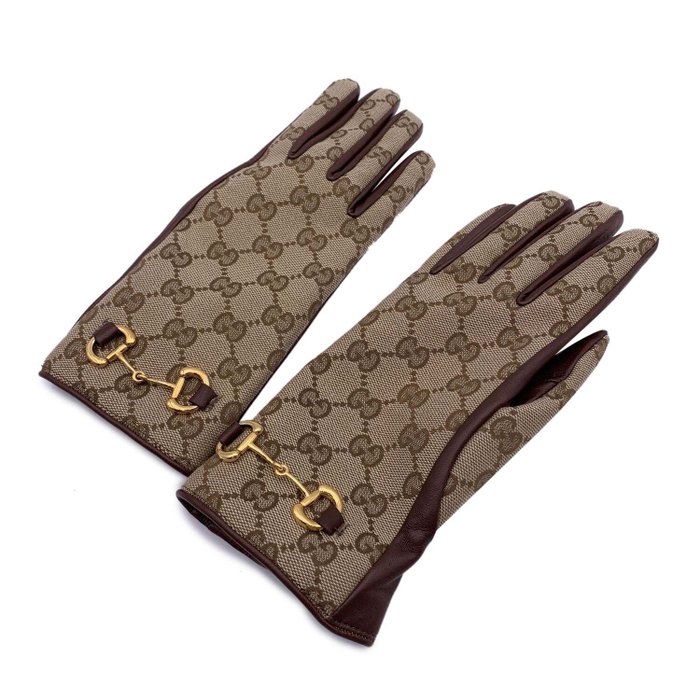 Gucci - Monogram Canvas Leather Women Horsebit Gloves Size 7.5 M - Handsker