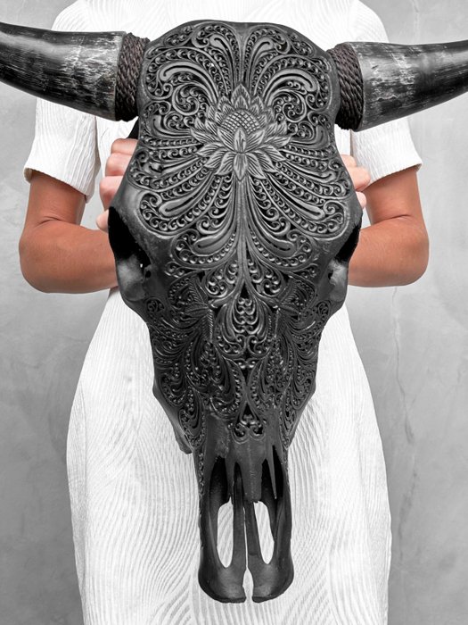 无底价 - 正宗手工雕刻大黑牛头骨 - 大莲花图案 雕刻的颅骨 - Bos Taurus - 51 cm - 67 cm - 12 cm- 非《濒危物种公约》物种