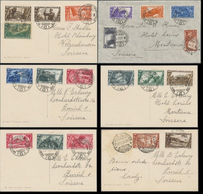Royaume d’Italie 1932 - Série Marche décennale sur Rome sur cinq cartes postales et une enveloppe de Gênes à la Suisse - Sassone S. 66