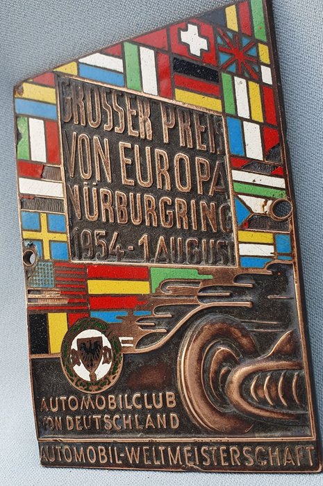 Insignia - Geëmailleerde Grille Badge - Formule 1 - Grand Prix Europa - 1954 Nürburgring - Alemania - Mediados del siglo XX (Segunda Guerra Mundial)