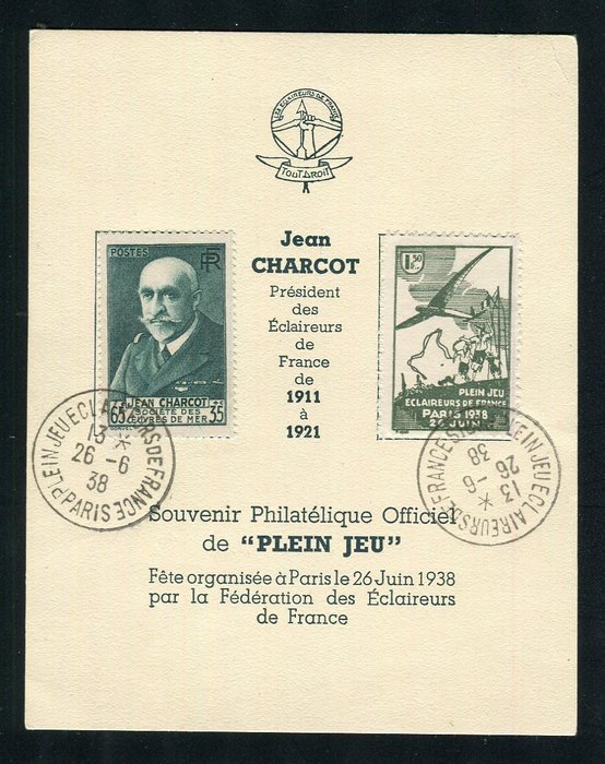 Franța 1938 - Joc complet rar cu suveniruri filatelice oficiale - Fédération des Eclaireurs de France