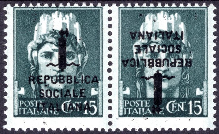 République sociale italienne 1944 - Saggi - C.15 vert gris, en paire neuve avec caoutchouc intact avec surimpression tete-beche - Rare - Sass. n° P26b