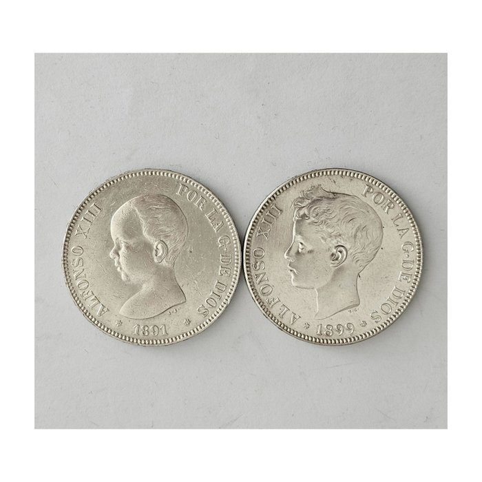 Spanje. Alfonso XIII (1886-1931). 5 Pesetas 1891 *18*91 & 1899 *18*99 (2 monedas)