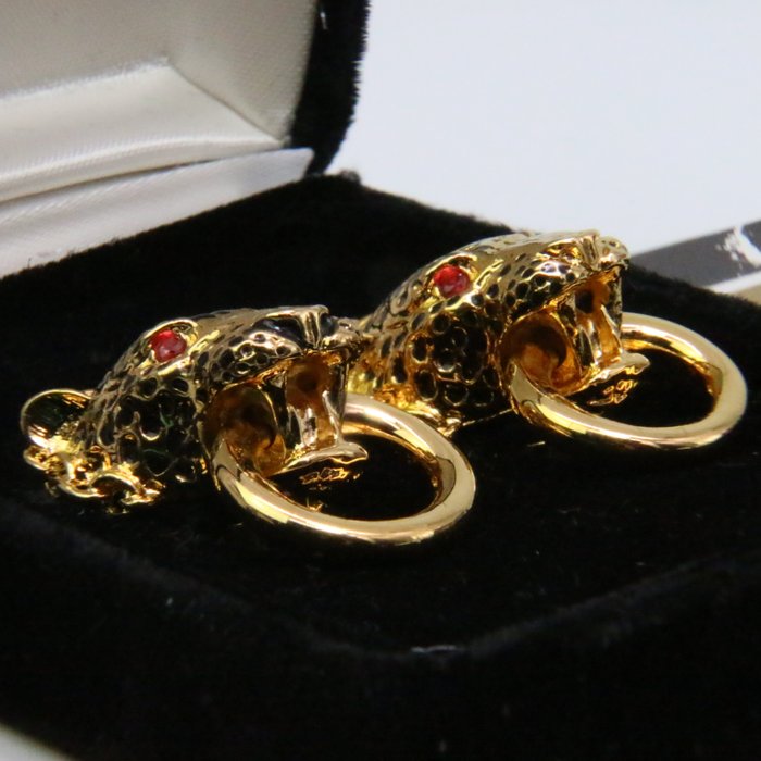 Franklin Mint - After Cartier - Statuetta - Duchess of Windsor's Panther Earclips - Legno, ebano, Placcato oro, rubini