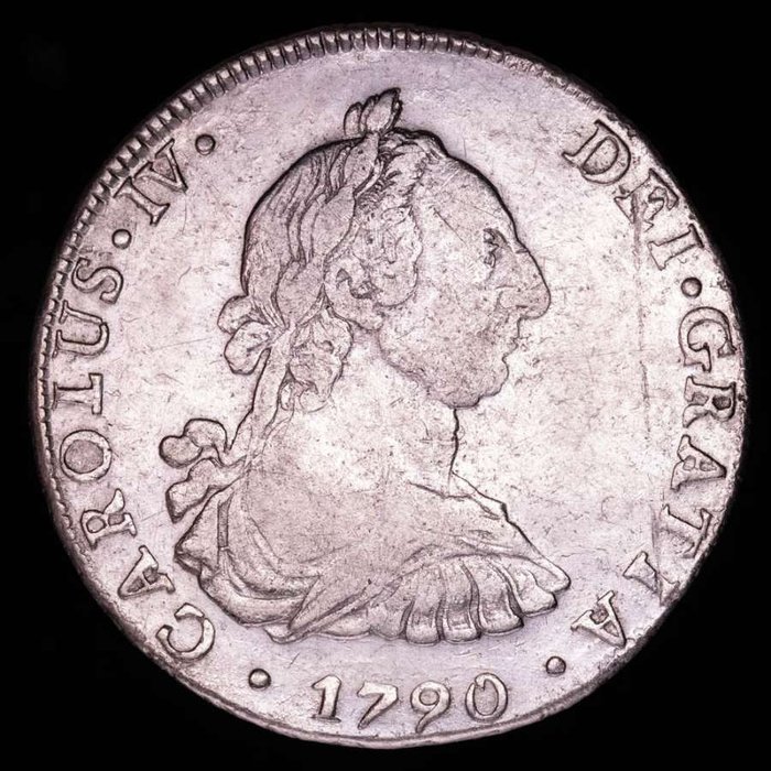 Spanje. Carlos IV (1788-1808). 8 Reales Acuñados en el año 1790, en la ceca americana de Potosi (Pts), por el ensayador P·R. Busto de Carlos