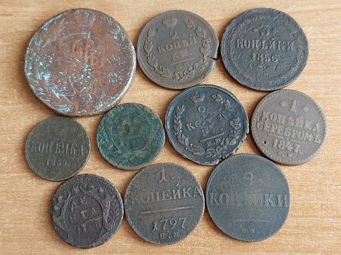 Russie. Lot of 10x Russian Imperial copper coins 1735 - 1859