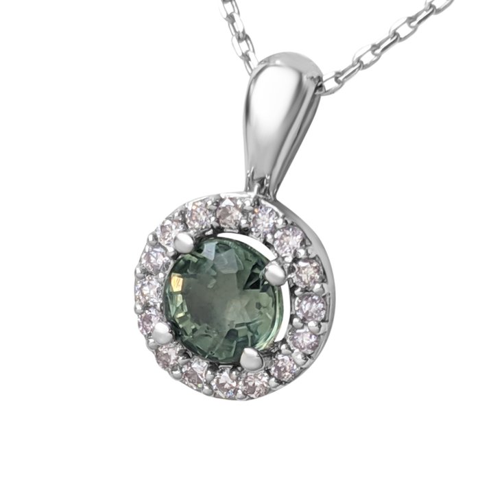 No Reserve Price Necklace with pendant - White gold  0.81ct. Round Sapphire - Diamond 