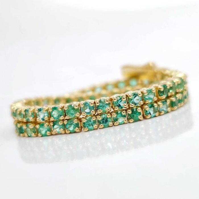 *no reserve* 3.50 ct Green Emerald Designer Tennis Bracelet - 7.54 gr - 14 kt Gelbgold - Armband - 3.50 ct Smaragd