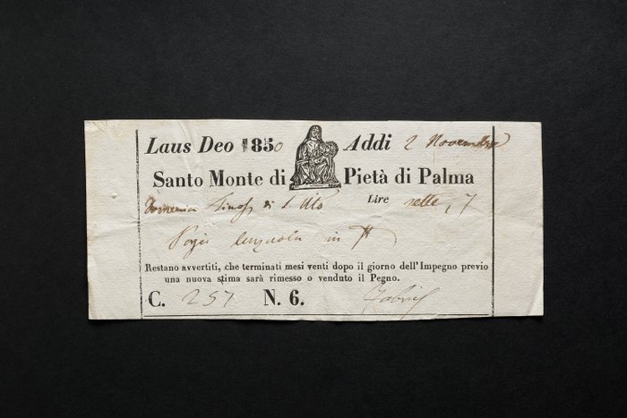 意大利. - 7 Lire 1850 Monte Di Pietà Di Palma - Gav. Boa. non elencato  (没有保留价)