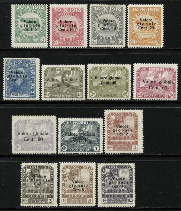 Fiume 1920/1923 - Valoarea generală cu rarele 45 c. supratipărit cu aldine + San Lucio. 2 serii, 26 de valori - Sassone N. 99/112+190/201
